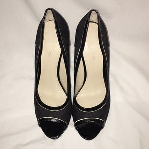 NINE WEST Black Canvas Peep Toe Wedges